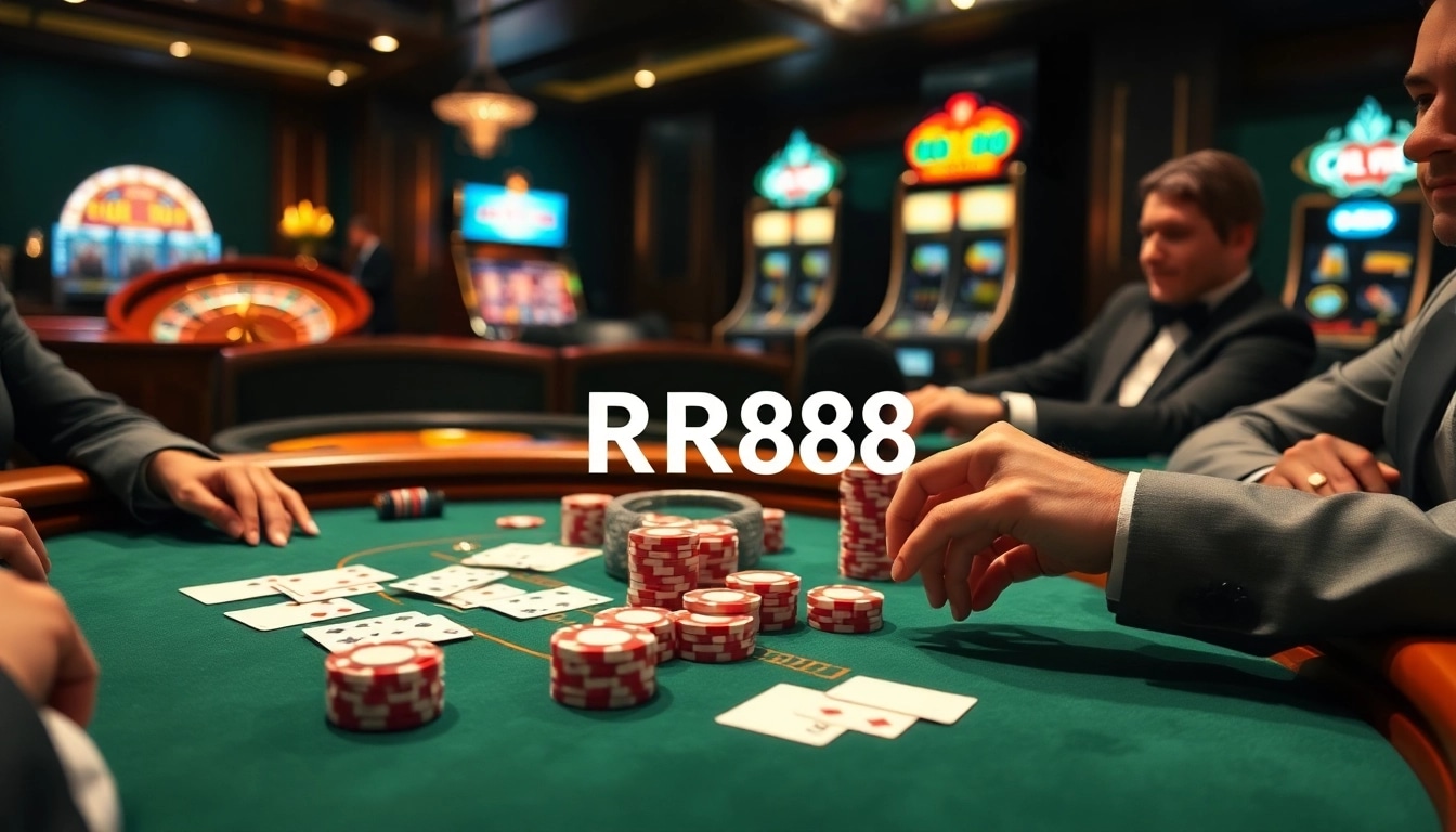 Experience the thrill of RR88 with poker chips and cards at a luxurious casino table.
