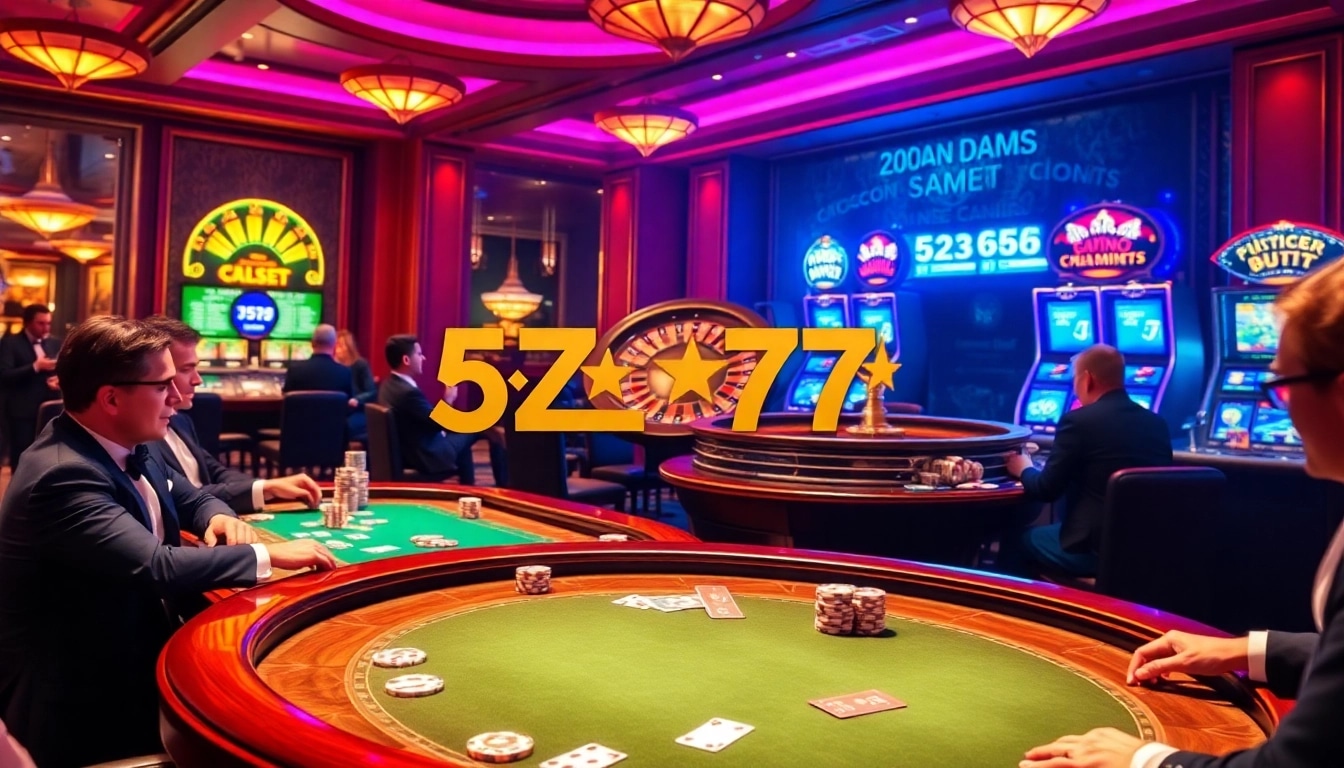 Thrilling casino scene with poker players and roulette wheel representing 5z777 gambling excitement.