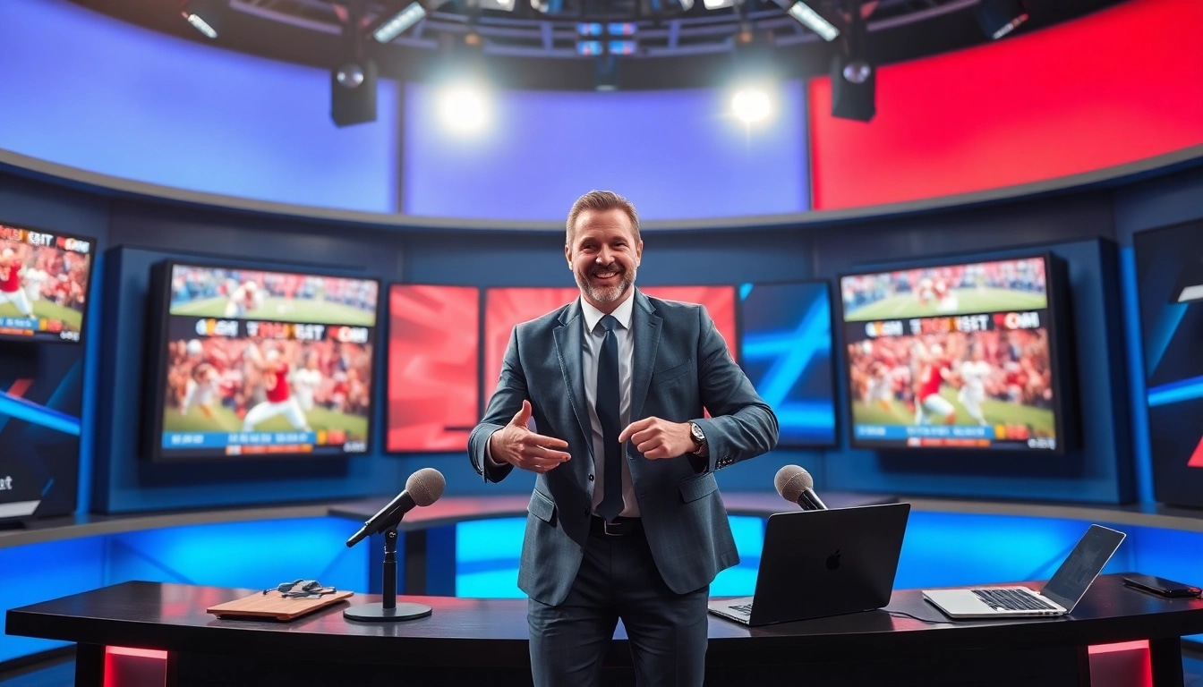 Engaging scene of sports broadcasting studio showcasing live events with a dynamic presenter.