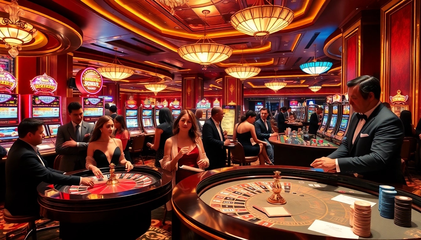 Players enjoying thrilling games at https://rr88.navy/ casino, featuring a roulette table and vibrant slot machines.