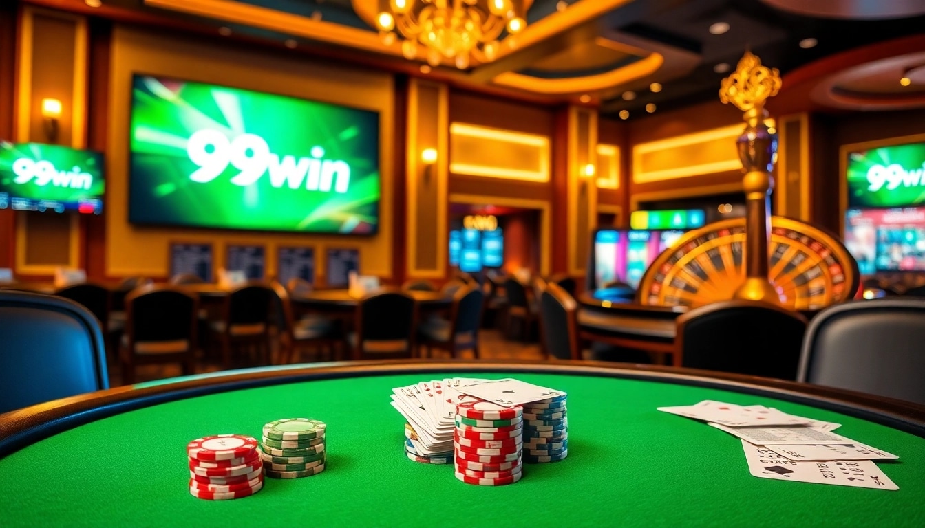Engaging poker scene showcasing 99win brand elements with vibrant colors and luxurious ambiance.