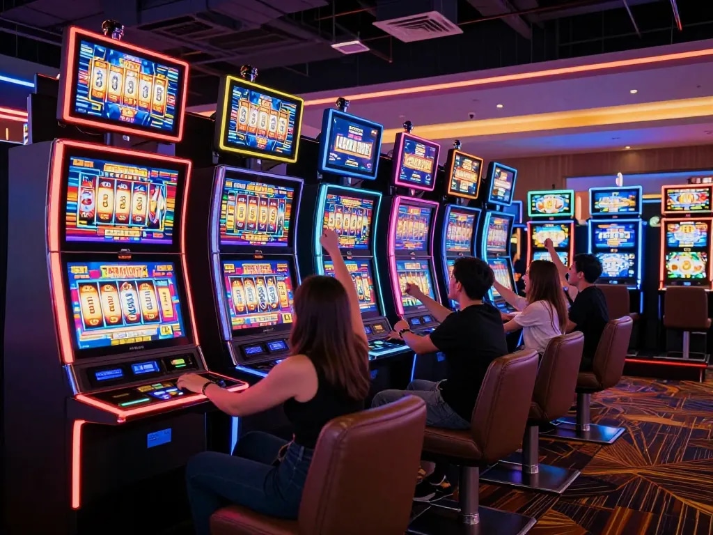 Players enjoying exciting MM88 slot games with vibrant machines and neon lights.