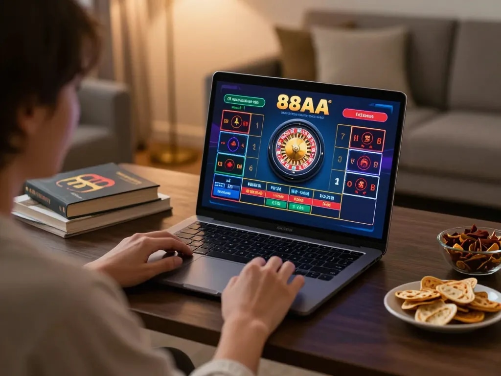 Engaged player using 88AA online casino on laptop, showcasing strategic gameplay.
