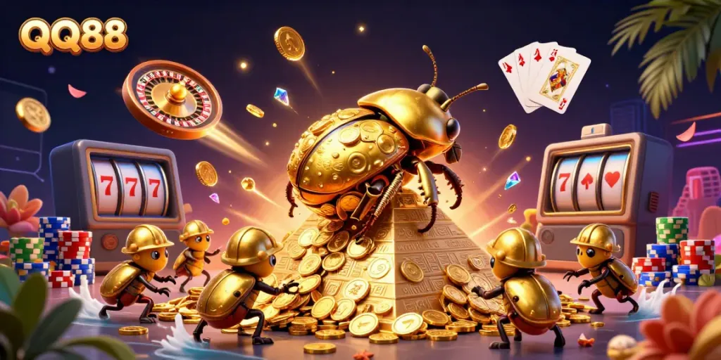 Experience the excitement of QQ88 with a vibrant 3D casino scene featuring gold coins and casino games.