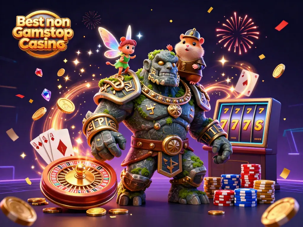 Engaging scene illustrating Best non Gamstop Casinos with a stone golem, fairy, and hamster knight amid swirling gold coins.