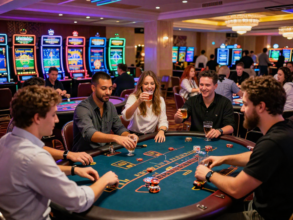 Exciting gaming atmosphere at vin88, showcasing players enjoying casino tables and vibrant lighting.
