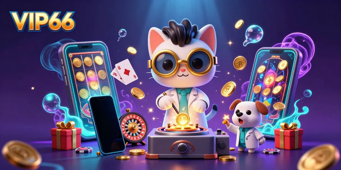 Spin colorful slots and win with VIP66 in this energetic casino-themed scene.