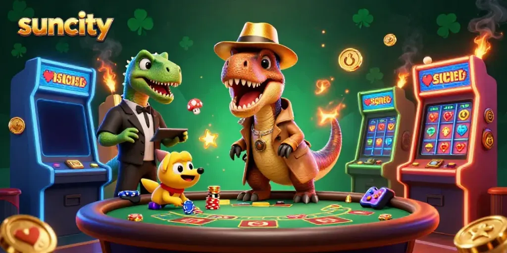 Engaging scene of a suncity-themed casino with unique dinosaur characters and vibrant gaming elements.