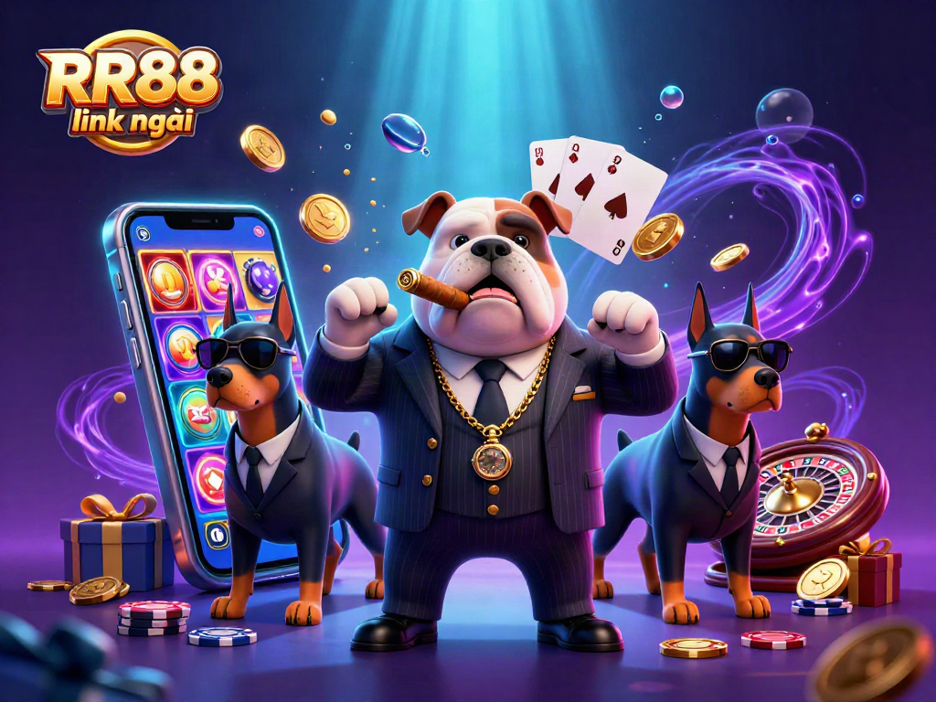 Win big with RR88 link mới in this vibrant 3D casino illustration featuring thrilling games and characters.