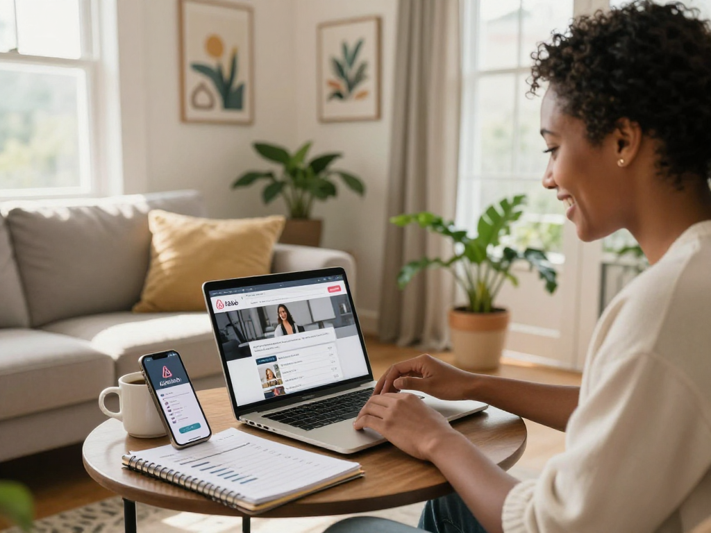 A vibrant Airbnb hosting scene illustrating the airbnb host fees calculator, with a host managing bookings in a welcoming living room.