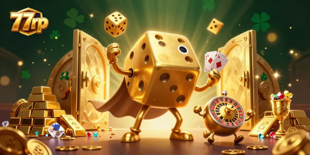 Experience the thrill of gaming with 77rp's vibrant and dynamic casino illustration.