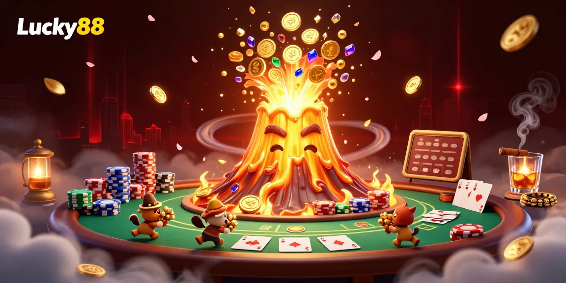 Experience the excitement of Lucky88 with a golden volcano erupting treasures, set in a vibrant casino scene.
