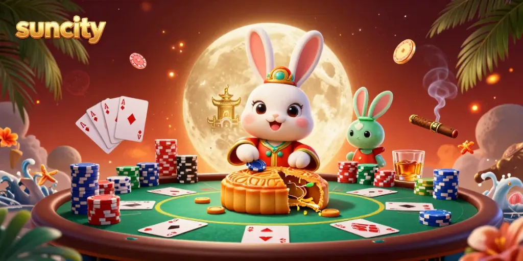 Experience the vibrant suncity scene with enchanting moon rabbits amidst poker elements on the lunar surface.