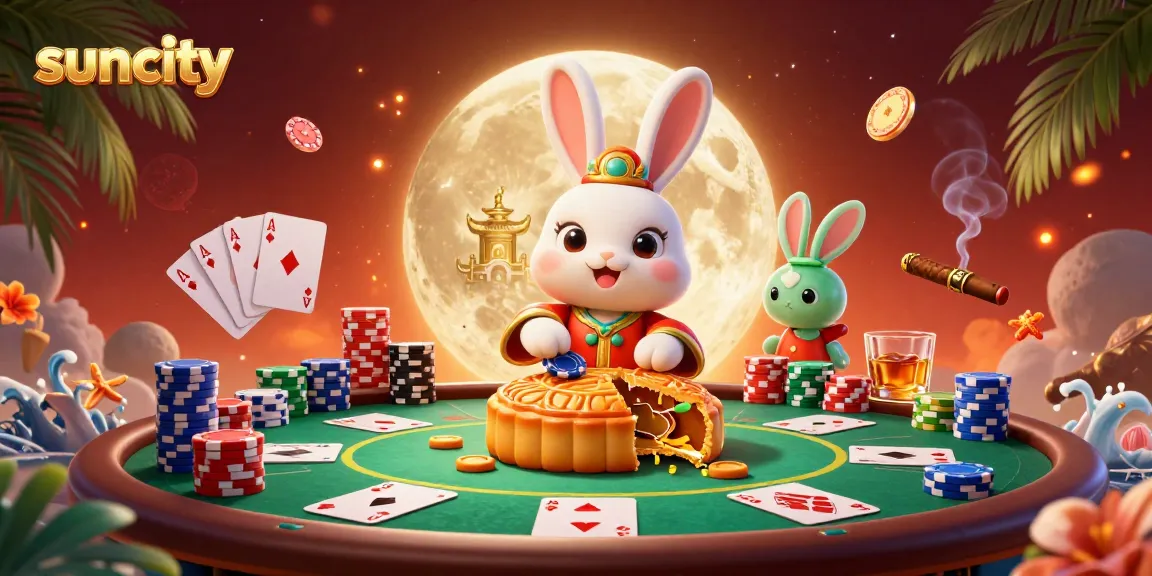 Experience the vibrant suncity scene with enchanting moon rabbits amidst poker elements on the lunar surface.