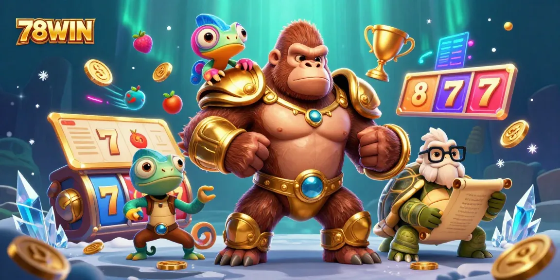 Engage with 78WIN as the gorilla king beats his chest, vibrant slot game elements surround the characters.