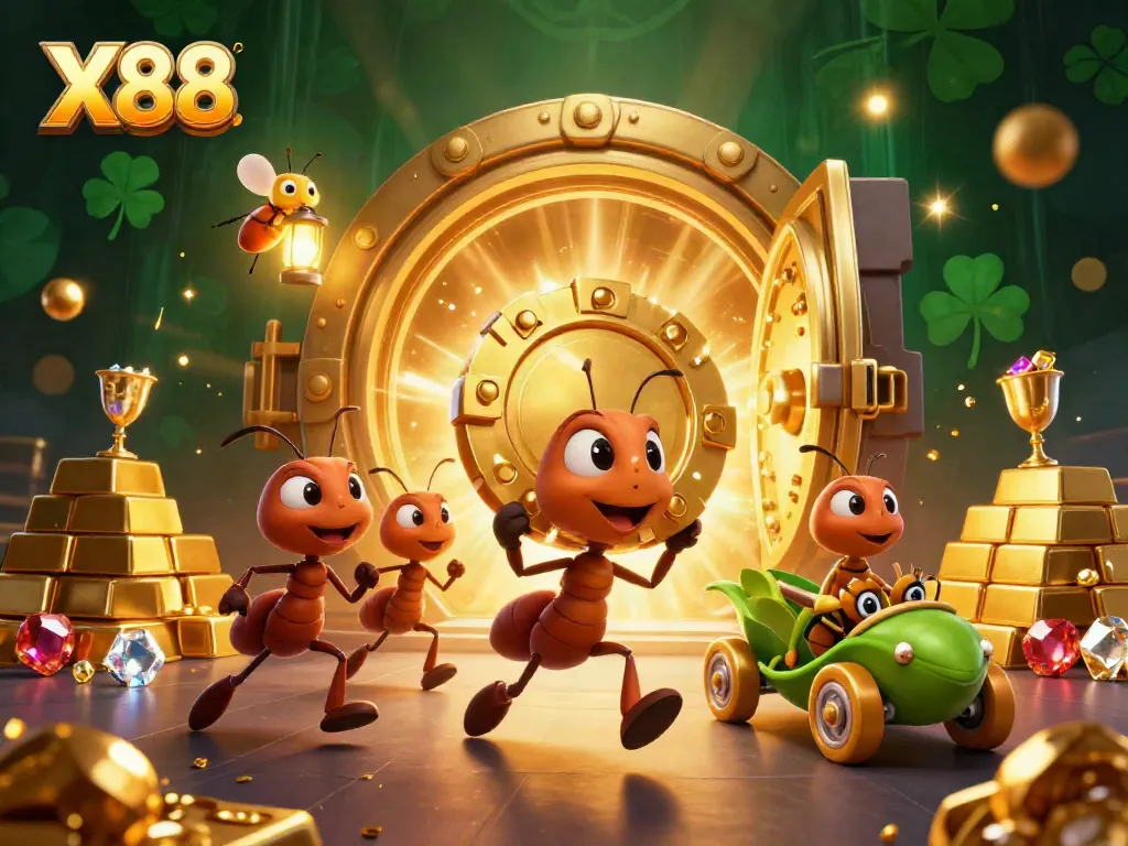 X88-themed 3D cartoon illustration of ants carrying a giant poker chip in a casino heist.