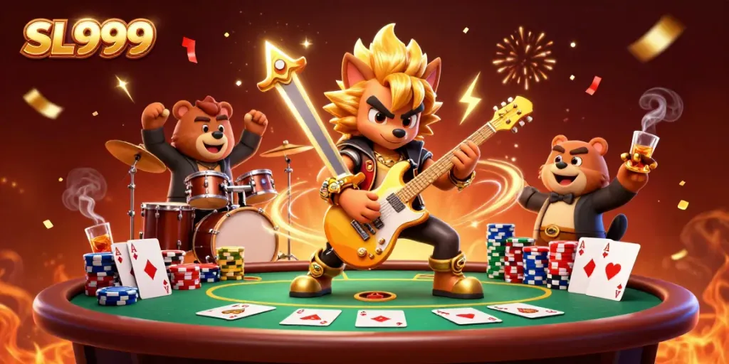 Experience the thrilling performance at SL999's casino with a rock star wolf and drummer bear under a vibrant backdrop.