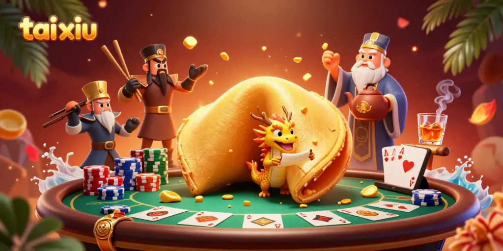 Engage in tai xiu action with a vibrant casino scene showcasing fortune cookie characters.