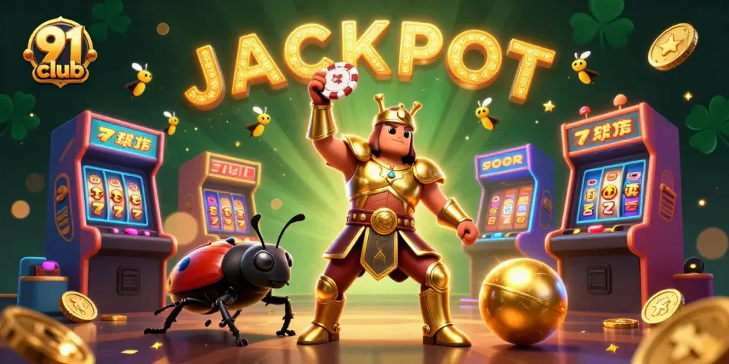Win big with the 91 club as a victorious beetle lifts its poker chip amid a vibrant casino scene.