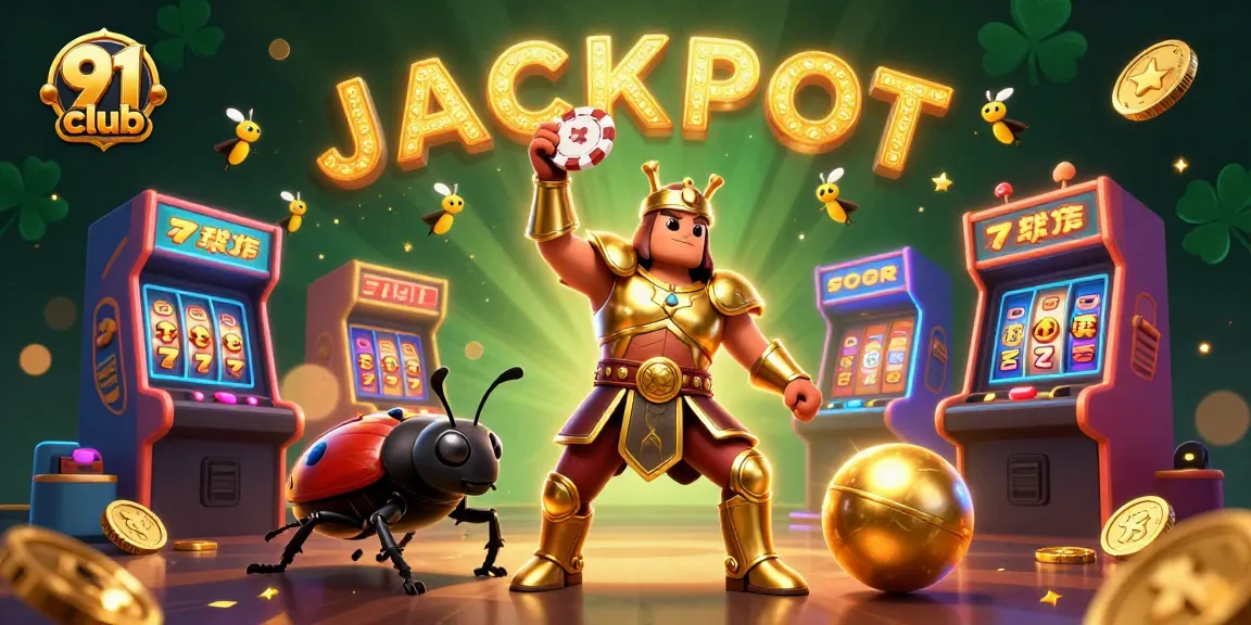 Win big with the 91 club as a victorious beetle lifts its poker chip amid a vibrant casino scene.
