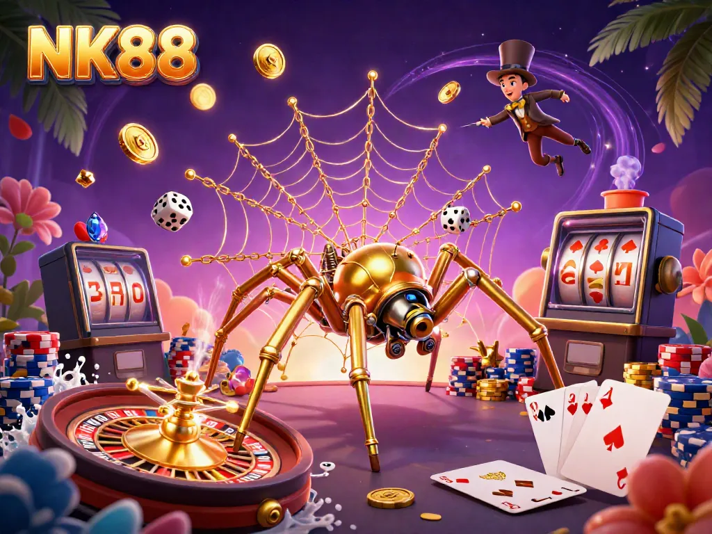 Engage in thrilling gaming with NK88's vibrant casino atmosphere, featuring dynamic 3D characters and rich gold elements.