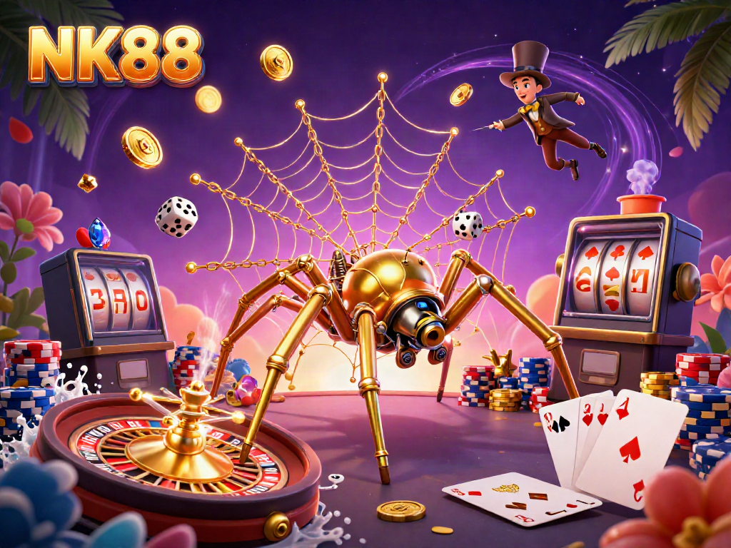 Engage in thrilling gaming with NK88's vibrant casino atmosphere, featuring dynamic 3D characters and rich gold elements.