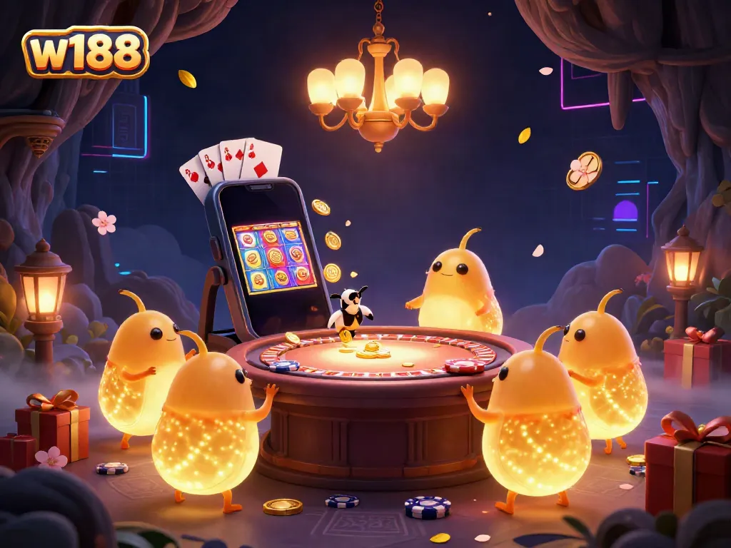 Experience the excitement of w188 with vibrant glowworms illuminating a cave casino filled with games and winning opportunities.
