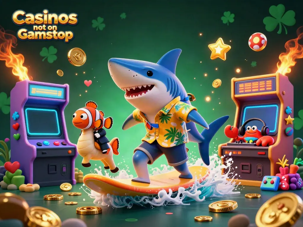 Surfing shark and friends celebrating at Casinos not on Gamstop, surrounded by golden coins and vibrant game elements.