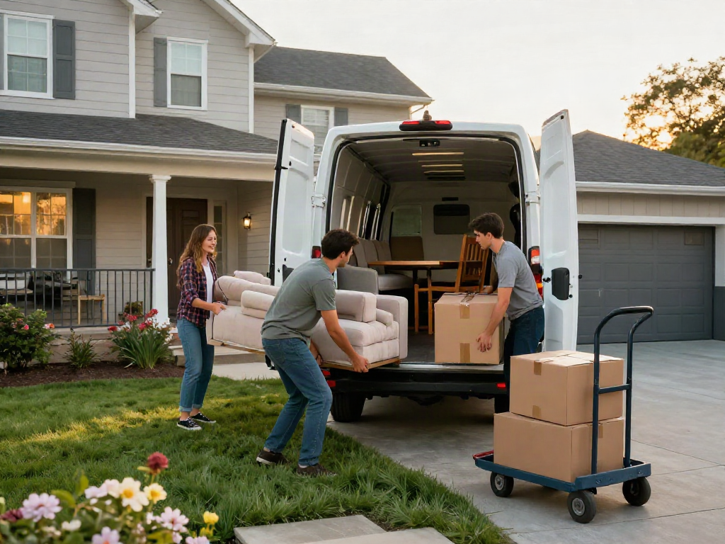 House movers efficiently packing furniture into a van outside a suburban home, showcasing a smooth relocation.