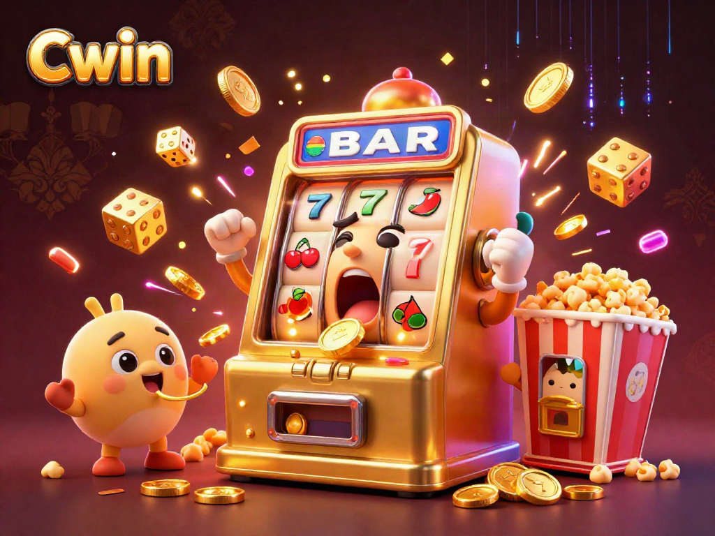 Experience excitement with Cwin as a golden slot machine hits the jackpot in a vibrant casino scene.