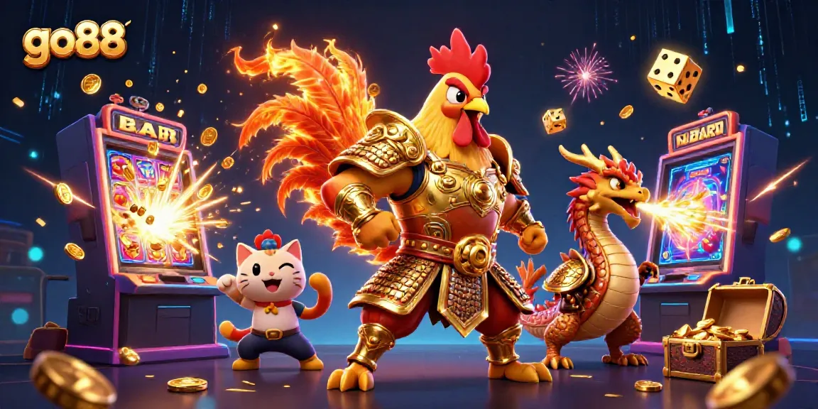 Engage with go88's thrilling online gaming experience adorned with a chicken warrior, dragon, and festive casino elements.