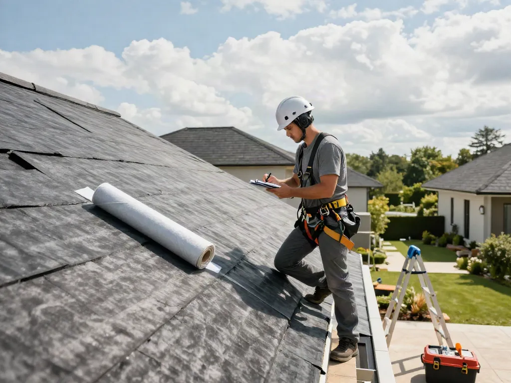 Roofer inspecting a felt roof with tools nearby, showcasing professional roofing services for home improvement.