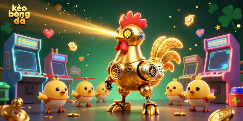 Engage in thrilling kèo bóng đá with a vibrant scene featuring a futuristic rooster robot.
