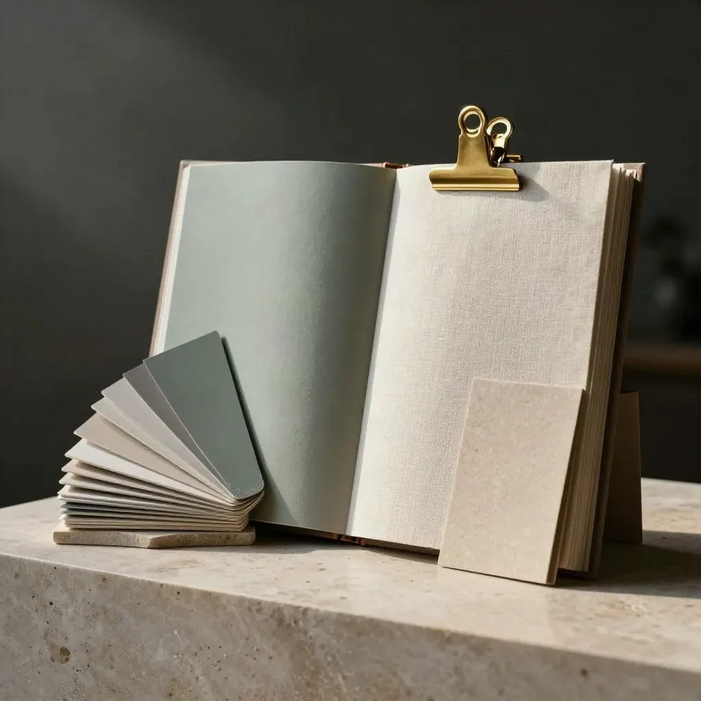 Linen-bound design consultation folio with swatches, stone samples and brass clip on a stone plinth.