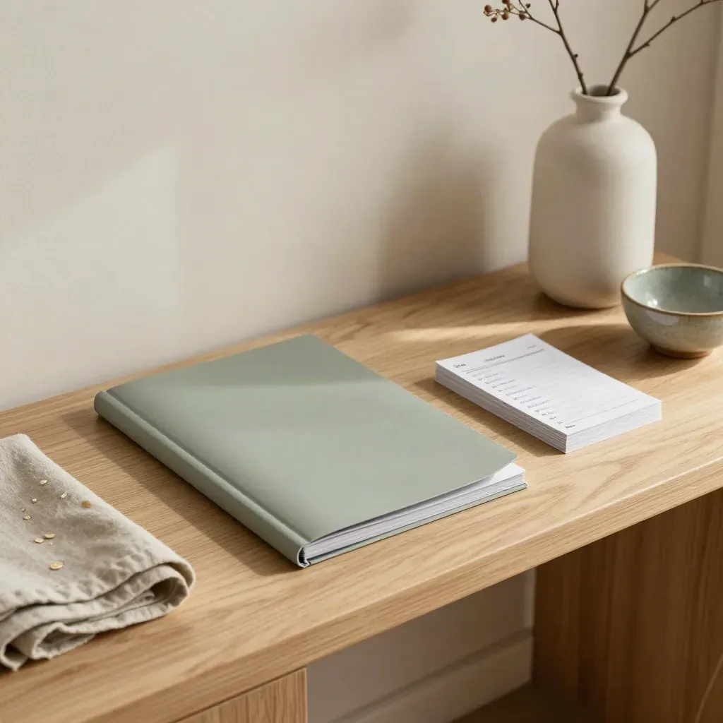 Spring room reset bundle on a pale oak console with sage chips, linen, vase and ceramic bowl.