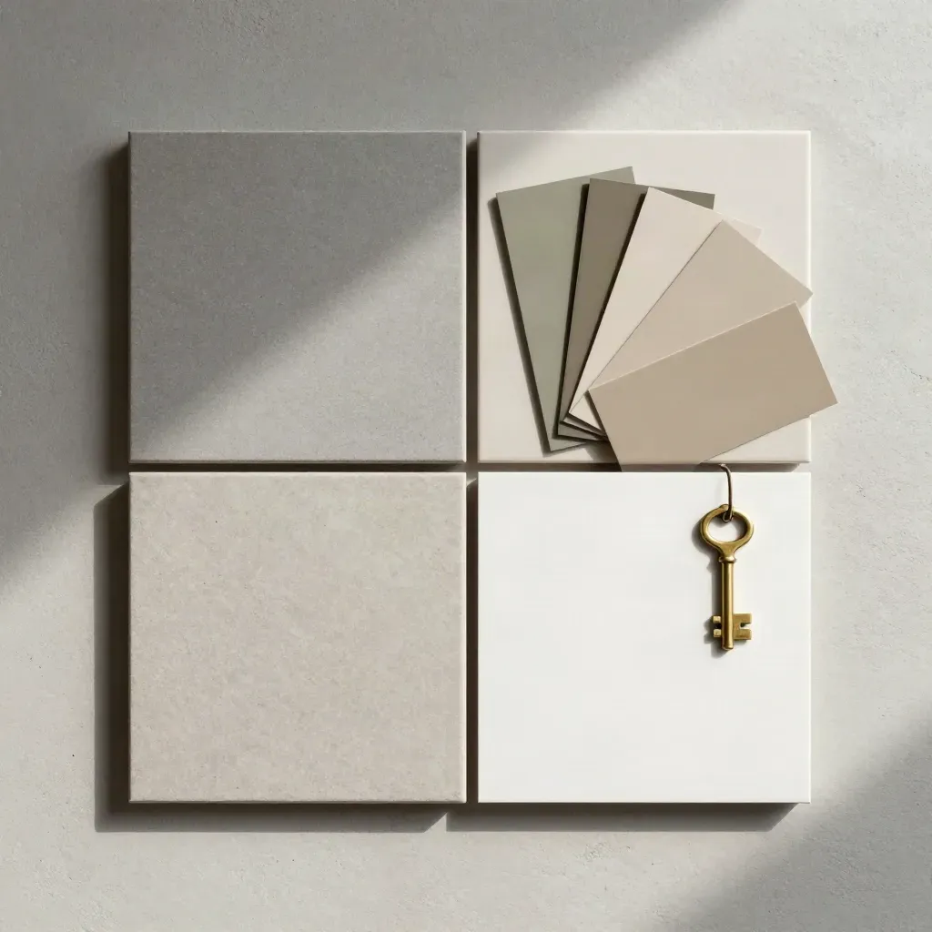 Overhead landlord refresh plan bundle with swatches, tile chip and brass key on pale concrete.