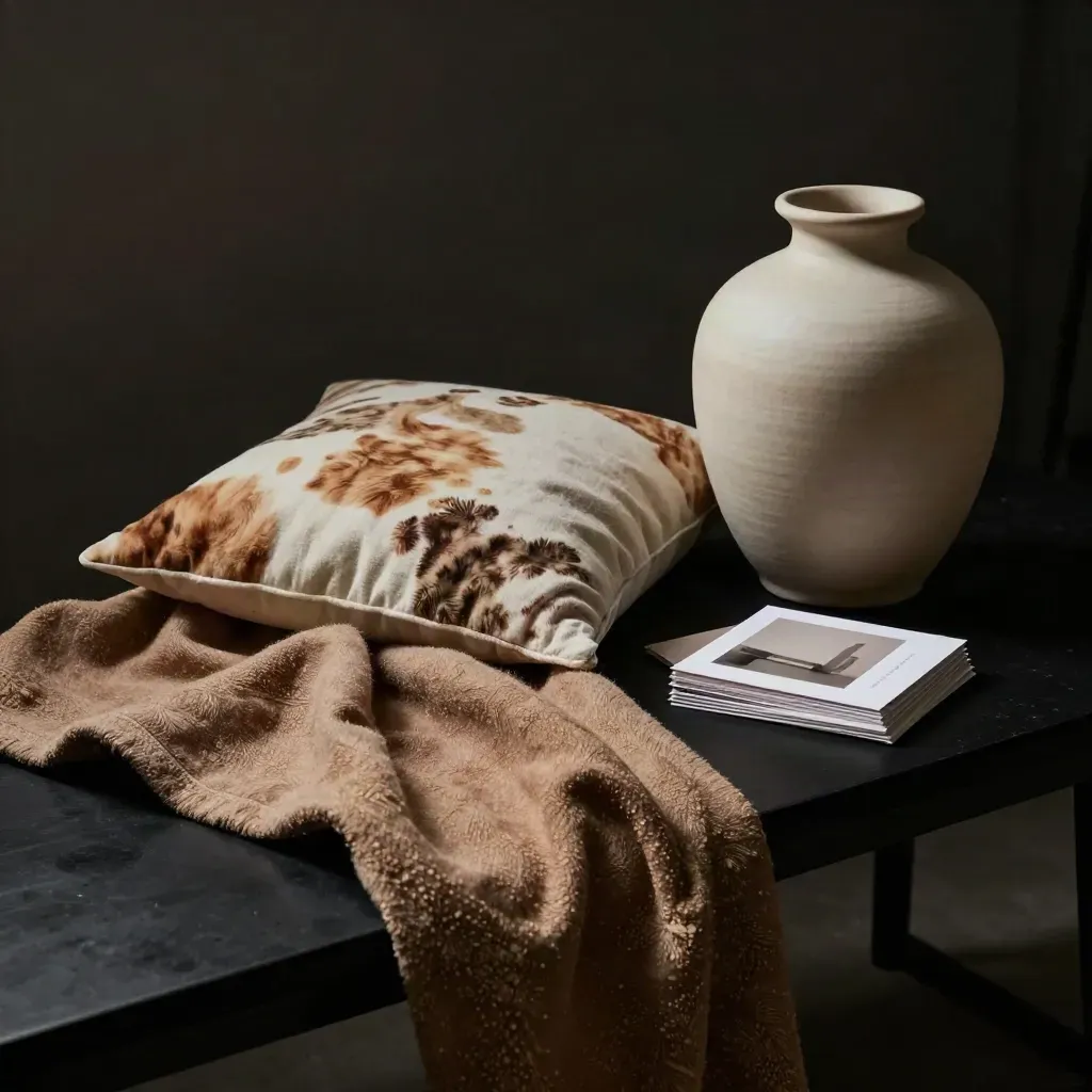 Throw, vase and staging cards on a dark bench under dramatic studio light.