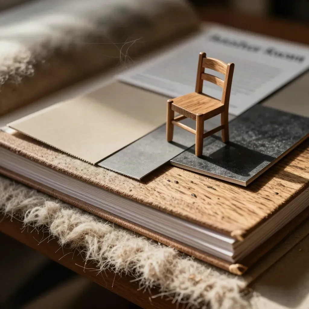 Macro of a wool-buried sourcing binder with tabs, timber chair mockup, fabric chips and graphite block.