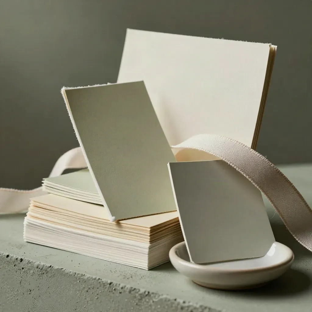 Six blank paint cards, linen ribbon and ceramic dish in a side-on macro on plaster.