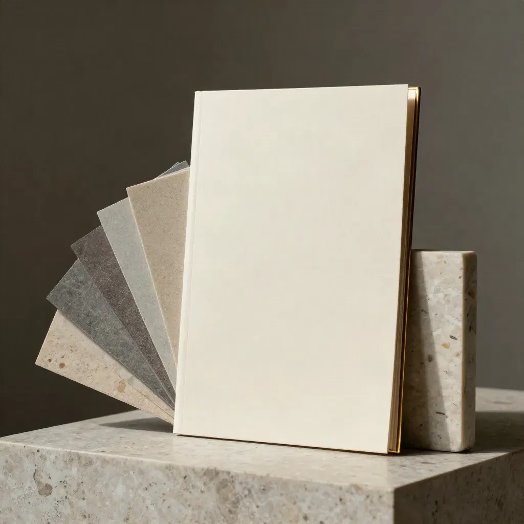 Travertine design call kit with folio, swatch fan and stone sample under soft studio light.
