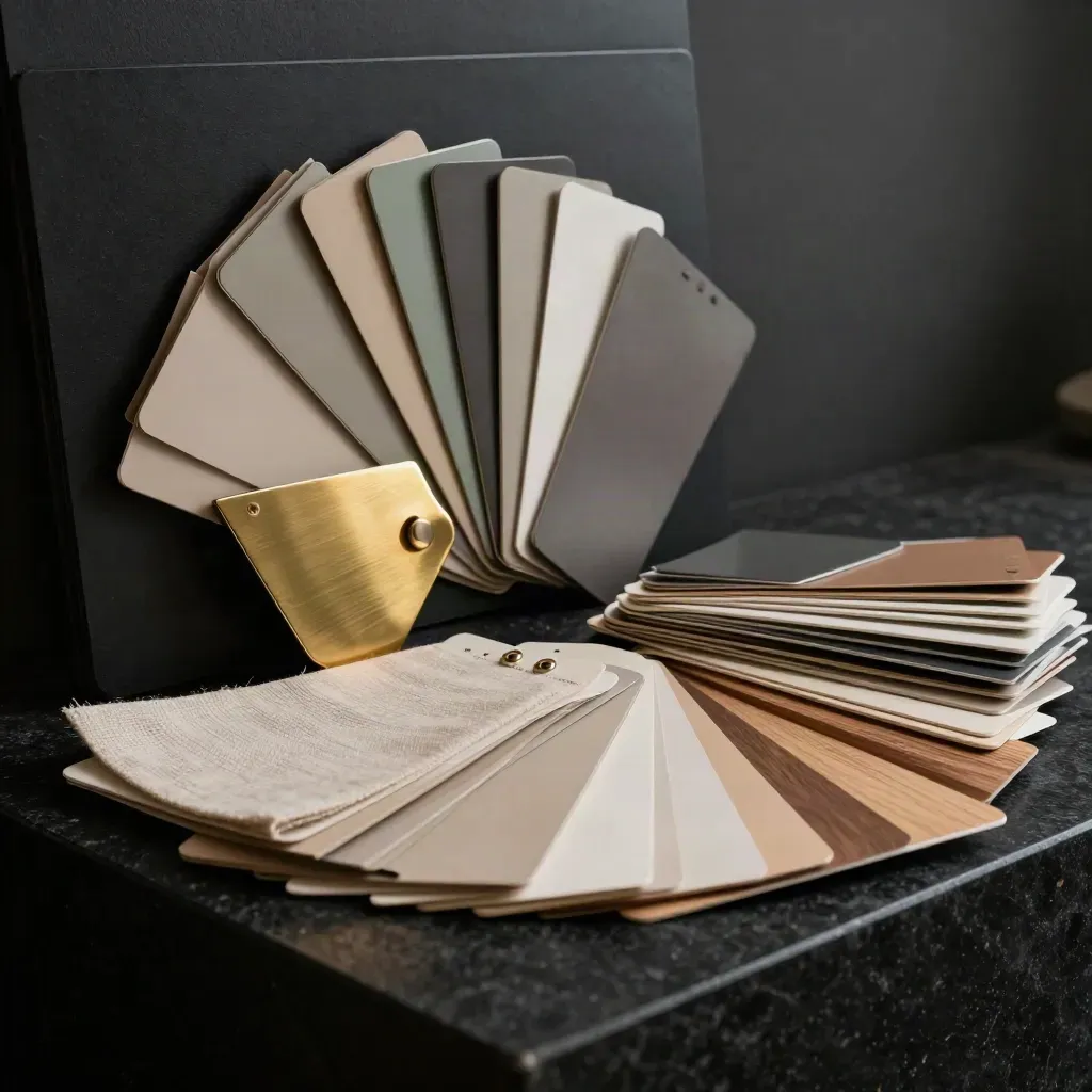 Macro of swatch fans, material samples, and a brass finish card on a black plinth.