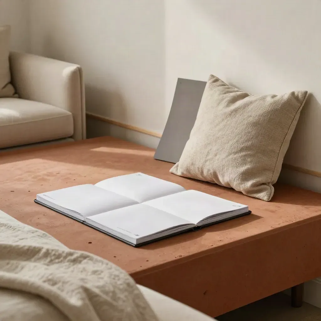 Sofa size guide kit on a textured bench in a calm living room, softly lit with hazy depth.