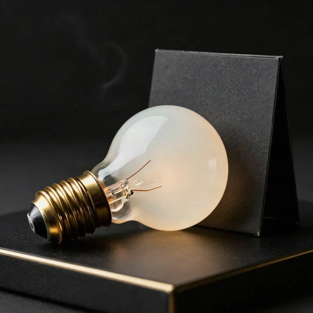 Brass bulb sample, opal shade disk and dark card sleeve on a matte-black plinth in moody studio light.