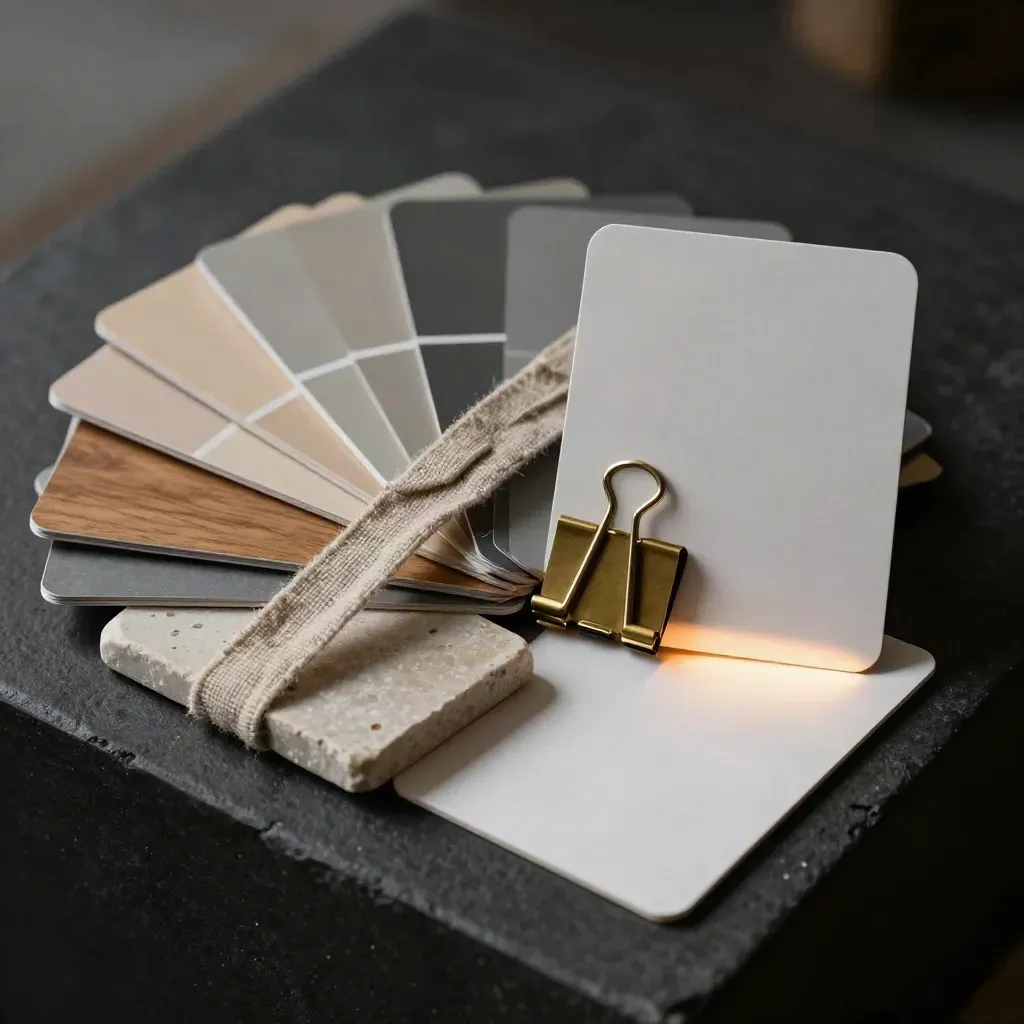 Kitchen colour map bundle with shade cards, stone sample, linen band and brass clip on charcoal