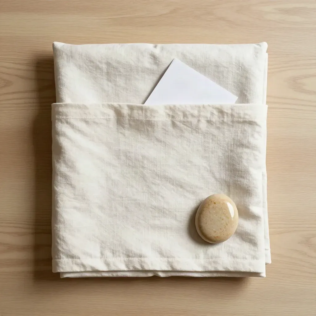 Overhead guest room refresh flatlay with linen, blank cards, pillow corner and ceramic pebble on pale oak.