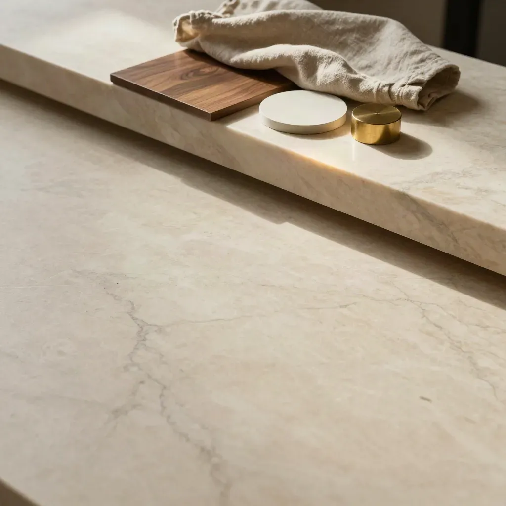 Marble tabletop with linen, plaster ledge and material swatches for room planning.