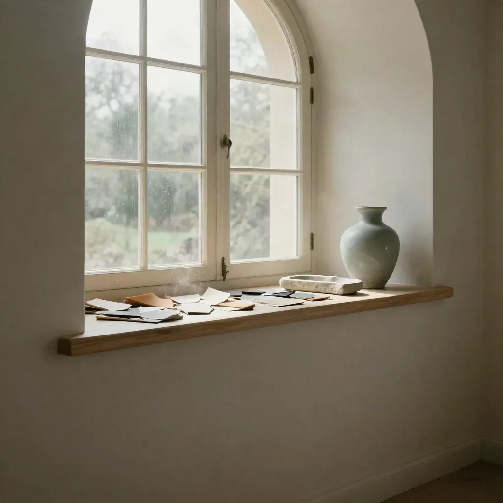 Limewashed room with arched window, timber sill and neutral palette samples in sunlit upper third.