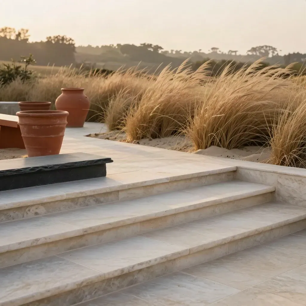 Sunlit garden terrace with dry grasses, pale stone steps and hazy distant trees.