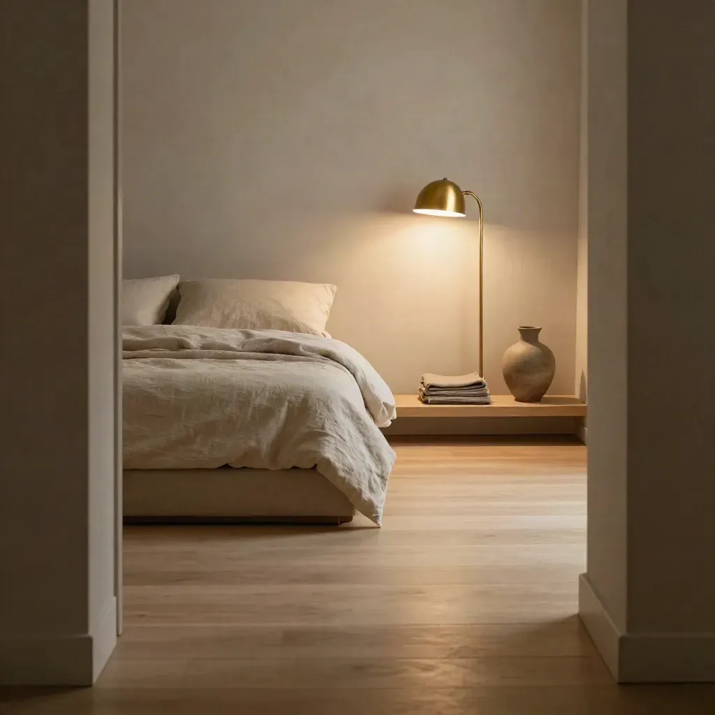 Blue-hour bedroom corner with layered linens, brass lamp, plaster wall and calm copy space.
