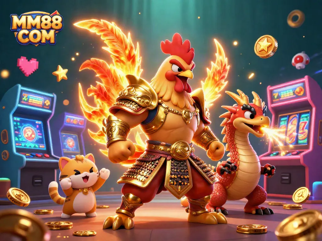 Win big with MM88 COM in this vibrant 3D casino scene featuring heroic characters and gaming elements.